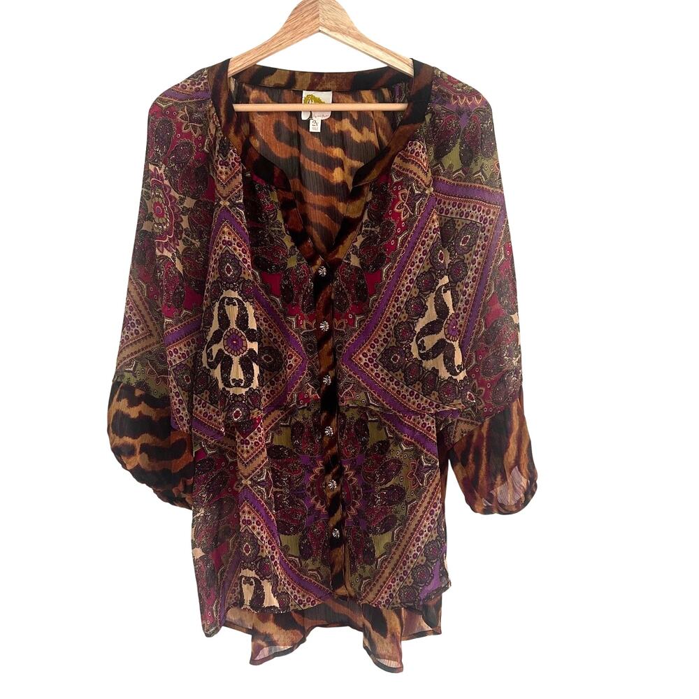 Fig & Flower Blouse Womens 2X Sheer Paisley Boho Peasant Top Mixed Print Plus - Picture 6 of 9